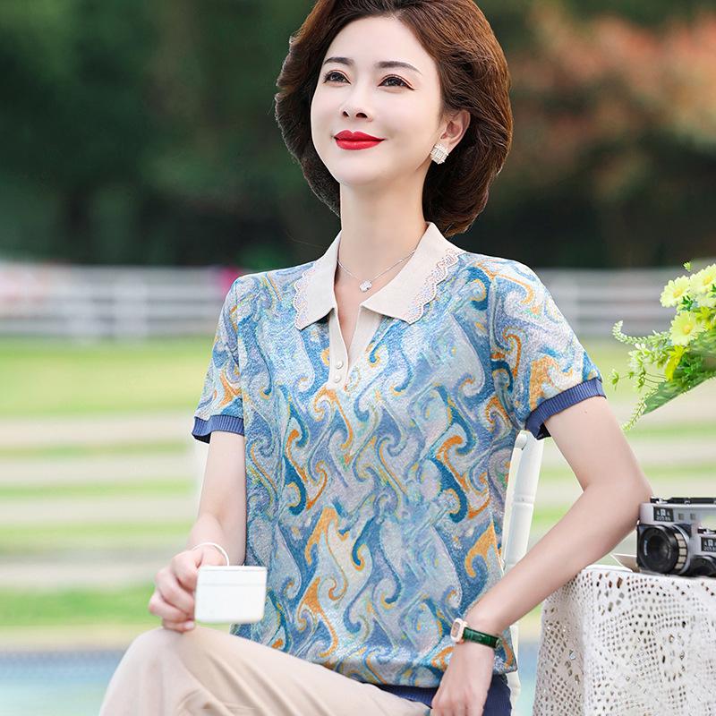 

Mom s Summer Ice Silk Polo for 50-60-Year-Old Women: Short-Sleeved Blouse 4XL (Recommended 140-160 lbs)