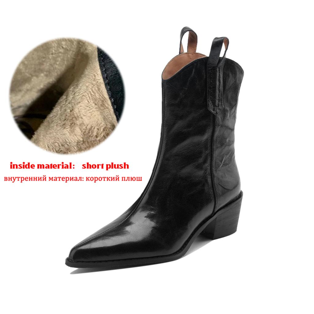 Krazing Pot Sheep Skin Autumn Winter Shoes Thick High Heels Size 43 Western Boots Slip on Ankle Boots