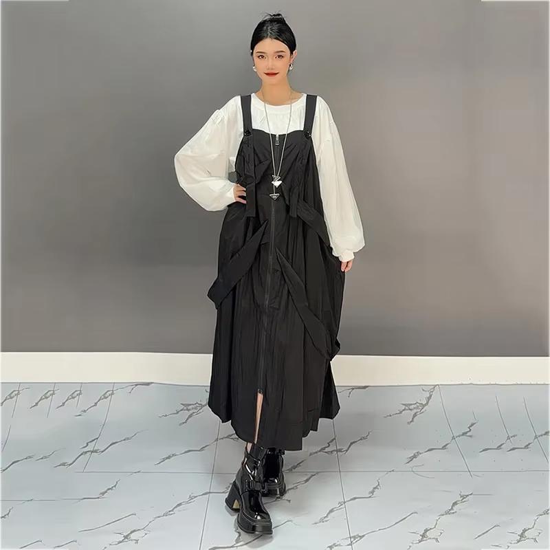 

Xitao Повседневное платье с бретельками, застежкой-молнией и карманом на пуговицах GMM1264 One Size чёрный