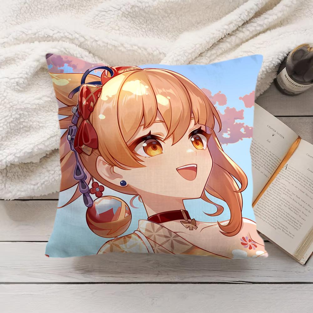 Yoimiya Genshin Impact Cute Cushion Cover Silky Short Plush Invisible Zipper Dustproof Sofa Pillow Case For Home Decor