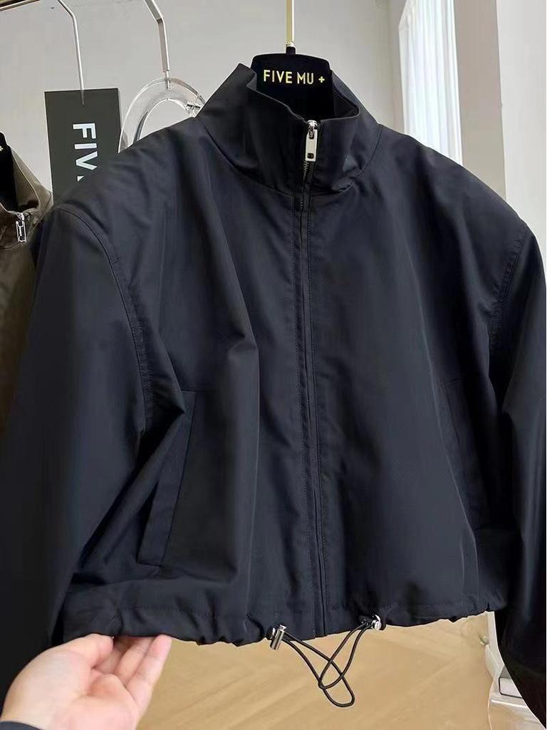 2025 Women's Black Chic Stand-up Collar Short Workwear Windbreaker for Autumn/Winter
