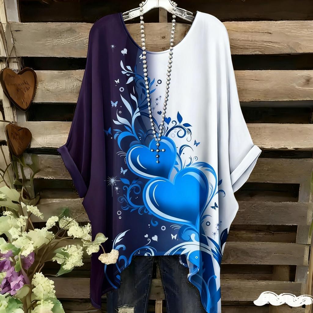 Damen Elegantes Bohemian Zweifarbiges T-Shirt - Herz & Blumendruck Mit Schmetterling Damenbekleidung Trend 2025 Grafik T-Shirts