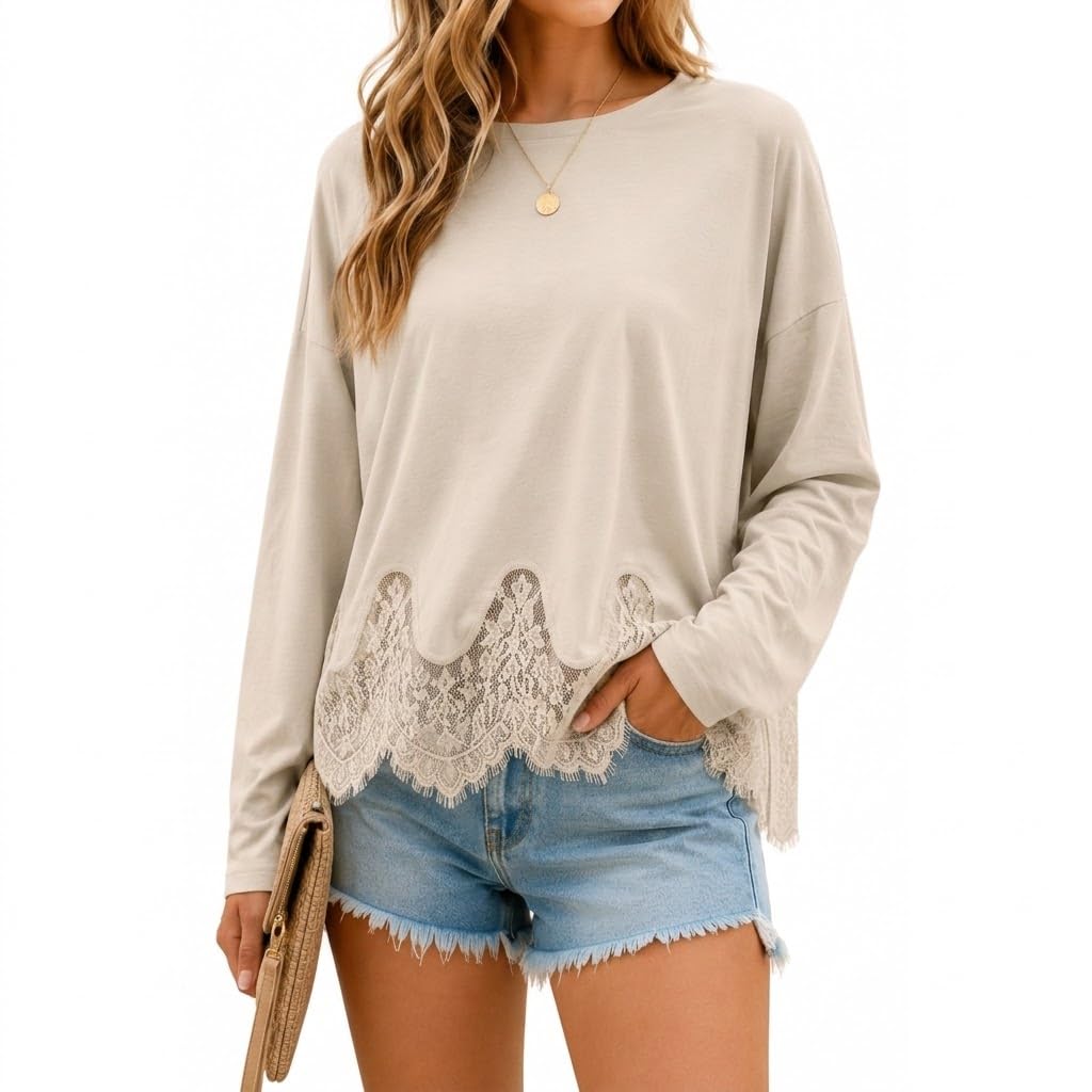 Lace Tops for Women Long Sleeve Crewneck Casual Vacation Boho Tops
