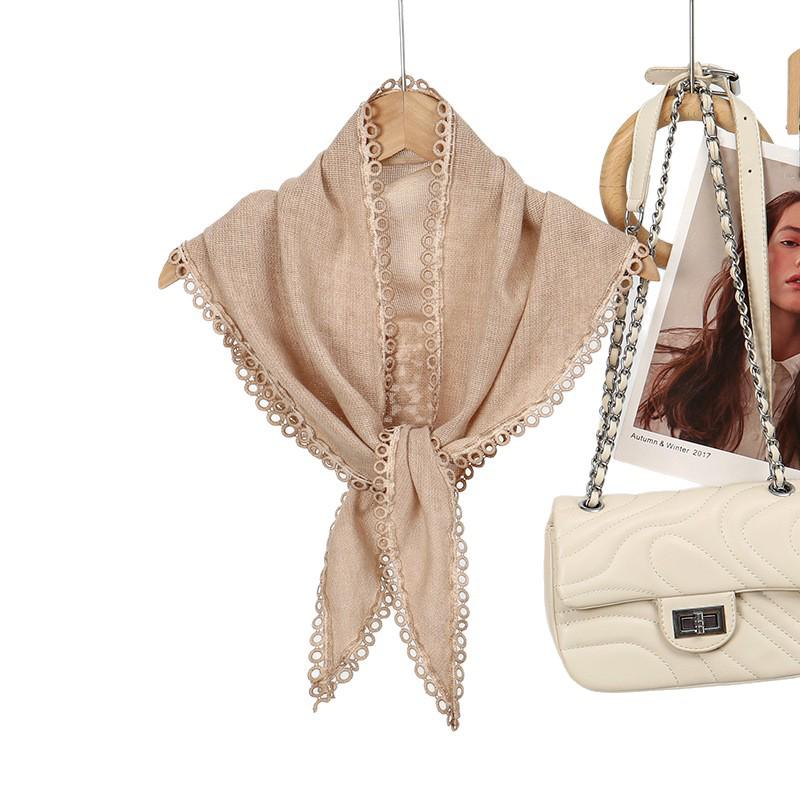 Korean Retro Color Block Cotton Linen Scarf for Women: Spring/Autumn Lace Triangle Headscarf