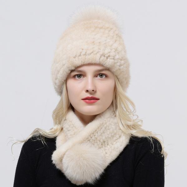 Zimowy Ciepły Damski Zestaw Czapka Szalik Dzianinowa Czapka z Pomponem Pokryta Futrem Norki Szalik z Naturalnego Futra Wysokiej Jakości