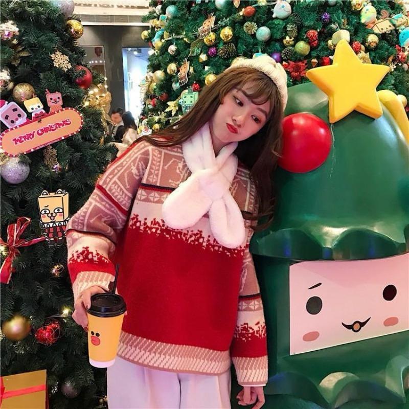 

Модные зимние рождественские свитера с круглым вырезом для женщин, винтажные свободные вязаные свитера с принтом, женские элегантные облегающие повседневные джемперы 25657 One Size красный