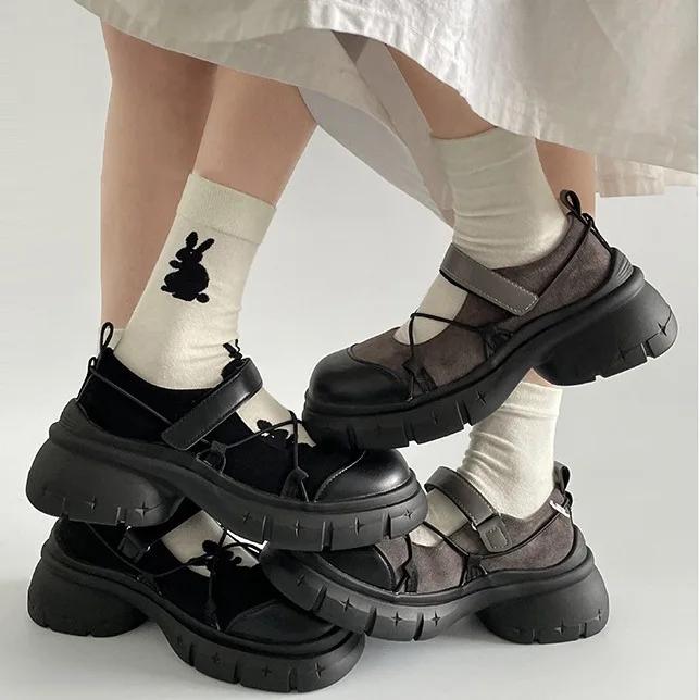 Women's Loafers Black Round Head Retro Heightening Thick Bottom Mary Jane Shoes Heels Women Shallow Mouth Pumps Single Shoes