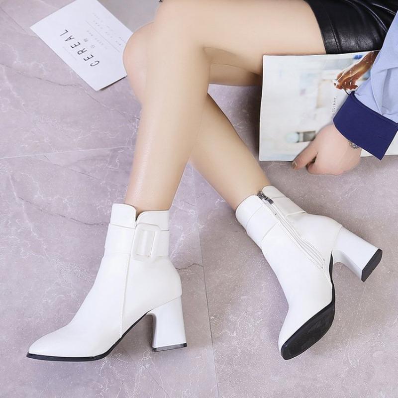 Winter Thick High Heel Ankle Boots Women 2025 Pointed Toe Keep Warm Elegant Short Booties Ladies Ankle Buckle Decoration