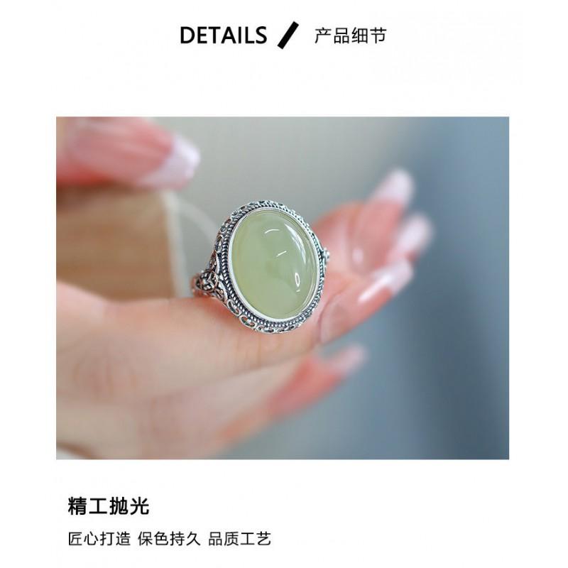 Adjustable Open Ring Women Men Vintage Chinese Style Hollow Oval Jade Inlay Bohemian Ethnic Minimalist Statement Jewelry