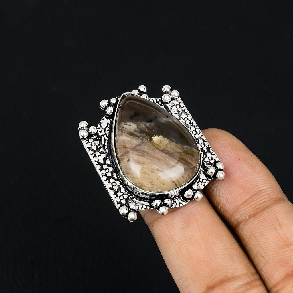 Natural Petrified Wood Jasper 925 Silver Multi Stone Ring Size 7.5 For Women