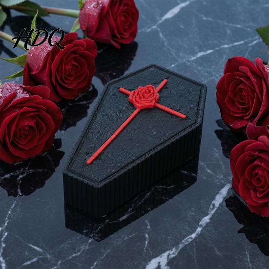 Durable PLA Craft Ornament 3D Printed Gothic Coffin-Shaped Rose Storage Case Figurine, Dark Vintage Halloween Creative Room Accessories Desk