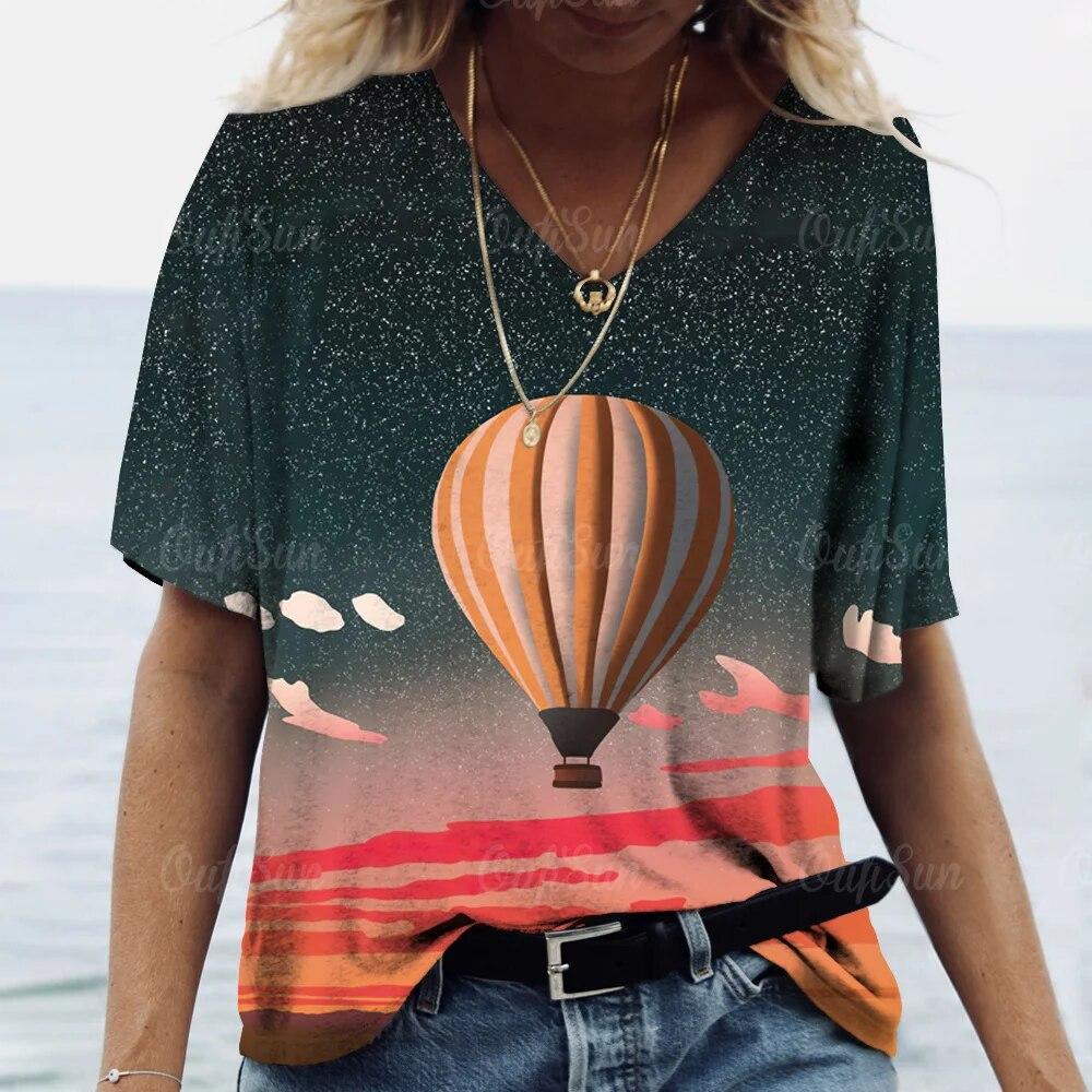 

Новая женская футболка с v-образным вырезом и принтом воздушных шаров, с короткими рукавами, летние повседневные женские топы, красивая футболка, женская одежда оверсайз