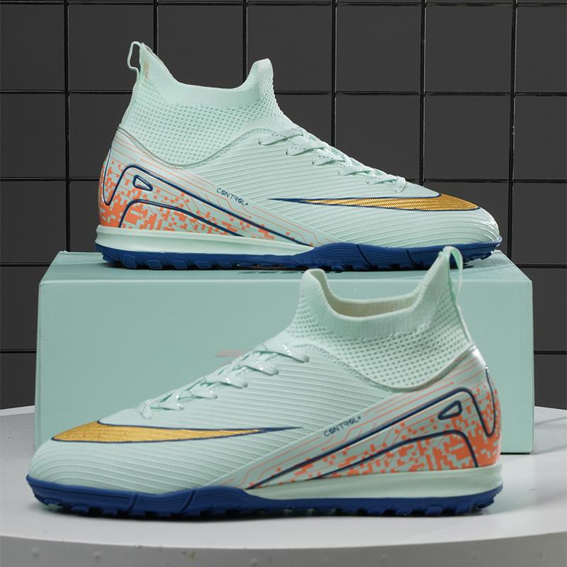 

Футбольные бутсы для мальчиков и девочек, высокие, дышащие, из ткани flyknit, с резиновой нескользящей подошвой, с шипами, соревновательная обувь 32