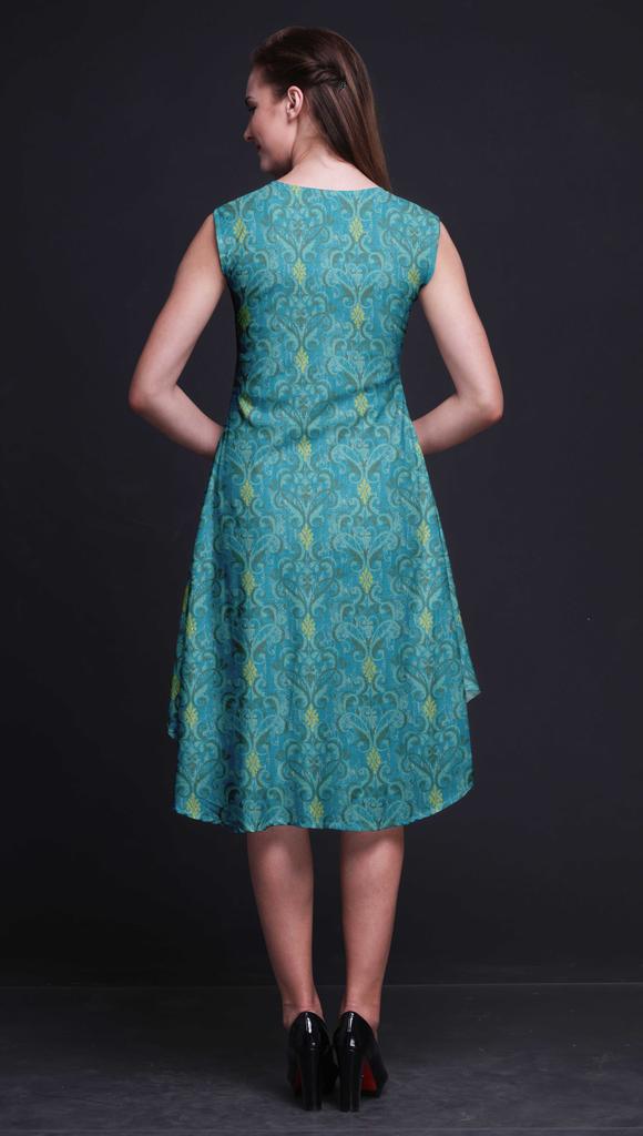 Bimba Blue Clover Leaves Floral Printed Ladies Sleeveless Round Neck Summer Dress Casual