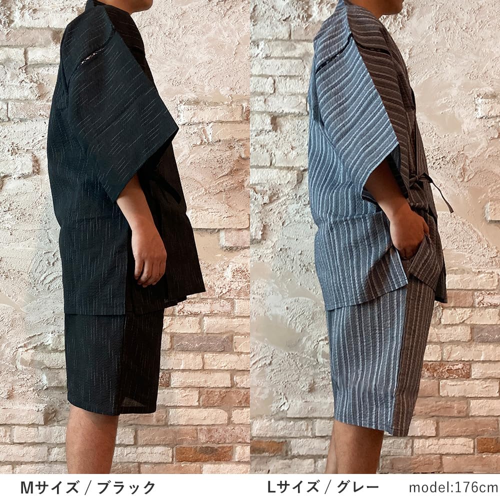 Kyoto Kimono Yuzen Men's Jinbei Kimono Set, Cool, Comfortable, and Soft for Summer (Black Thin Stripes, Size L)