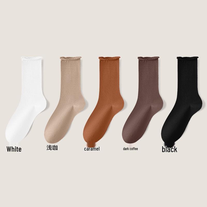 Women's Mid-Calf Cotton Socks: Spring/Autumn Style, Solid Color, Rolled Cuff, Loose Fit, Breathable, Sweat-Absorbent.