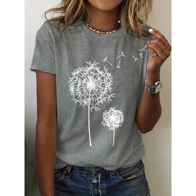 Dandelion Print Crew Neck T-Shirt, Casual Short Sleeve Top For Spring & Summer, Women's Clothing