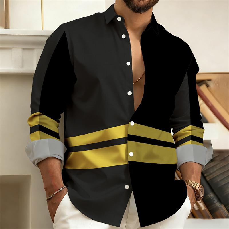 Nuova Camicia da Uomo Geometrica Color-Block Stampata in 3D a Maniche Lunghe, Elegante Camicia da Uomo, Streetwear da Esterno