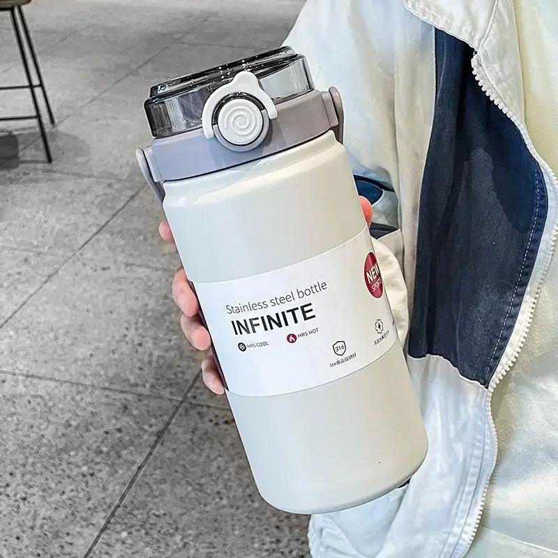 Large Capacity 316 Stainless Steel Cold Insulation Cup, Cute Beautiful, Dual Drink Straw, Portable Handle Pot, Male and Female