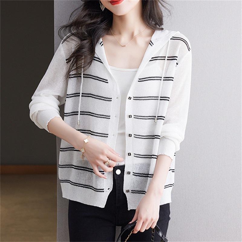 Striped Hooded Sun Protection Cardigan for Women Loose and Slimming Knitted Shirt Sweater