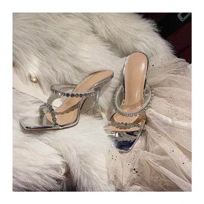 2025 Summer New Rhinestone Strap Sandals Women's High Heels Stiletto Transparent Square Head Silver Sandals Black