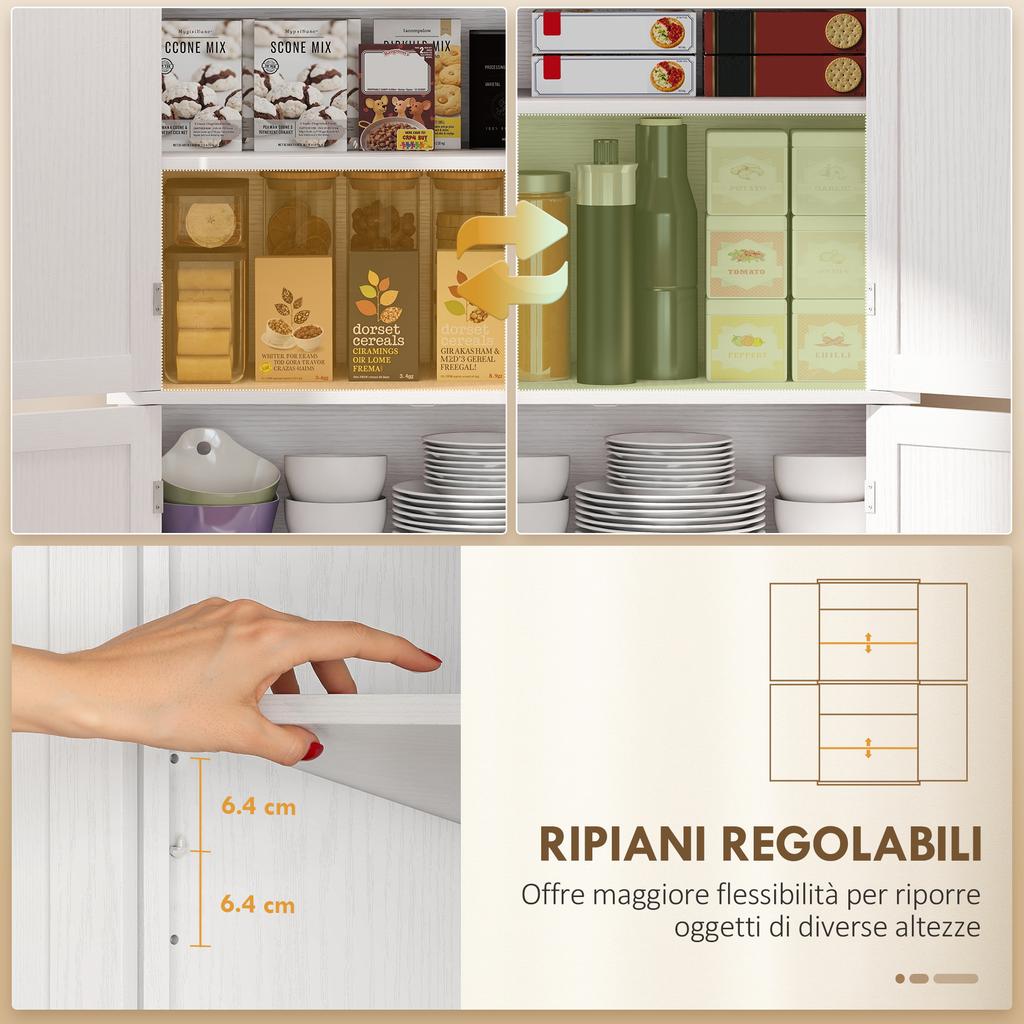 Mobile Alto da Cucina con 6 Ripiani Regolabili e 2 Ante, Legno, 76x40,5x184 cm, Bianco