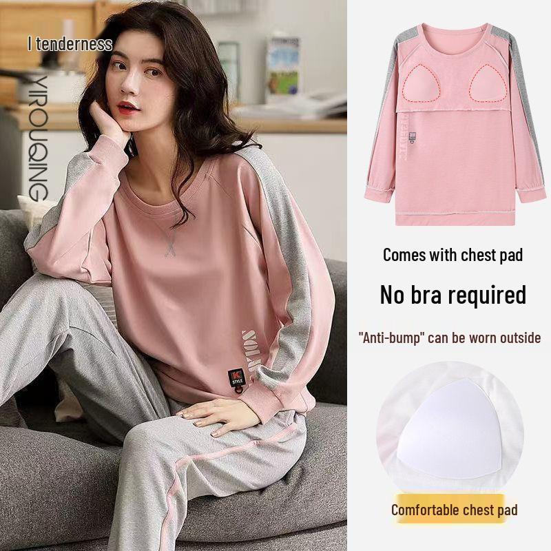 Women's Casual Long Sleeve Pajama Set with Chest Pads, Spring/Fall/Winter, Plus Size, Loose Fit, Suitable for Outdoor Wear