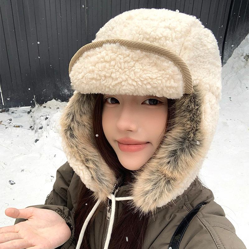 Thickened lamb wool ear protection Lei Feng hat children's winter big head circumference outdoor cold and warm plush ear protection hat