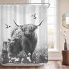 Tenda da Doccia Mucca delle Highlands, Ritratto di Toro Rustico Animale da Fattoria Tessuto Grigio Bianco Arredo Bagno Con 12 Ganci, 1 Pezzo