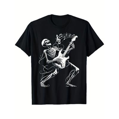 European Sizes Men'S Rock Band Skeleton Guitarist Graphic T-Shirt - Black & White Music Tee with Electric Guitar & Stage Performance Design