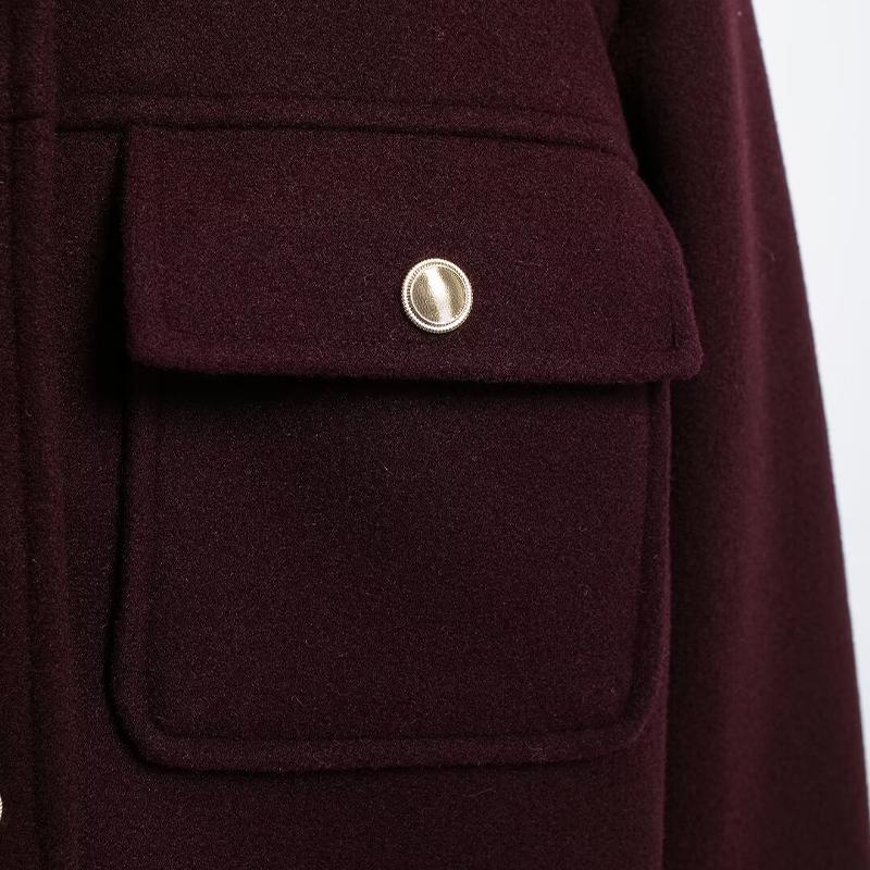Moda Damska Z Kieszeniami Bordowy Jednorzędowe Kurtki Vintage Okrągły Dekolt Długi Rękaw Damskie Szykowne Stroje