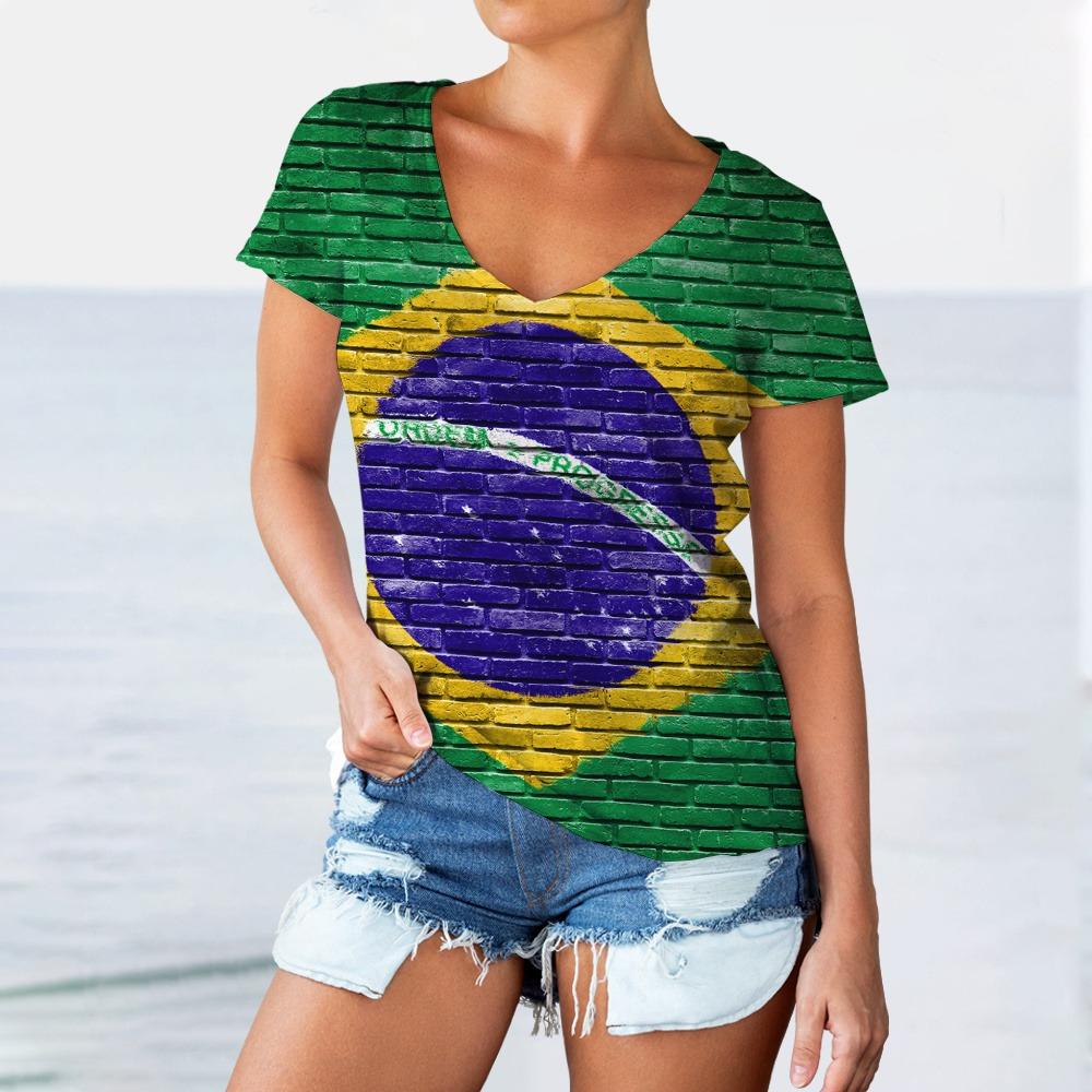 

Жіночі футболки з V-подібним вирізом з принтом прапора Бразилії, повсякденна жіноча футболка з коротким рукавом, оверсайз пуловер, топи, футболки, жіночий одяг 3XL