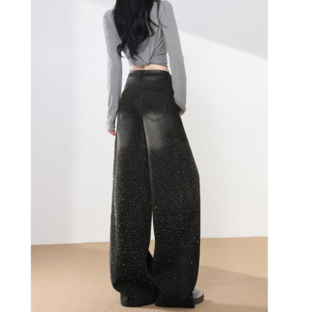 Damen Jeans mit Hoher Taille Weiter Beine Lockerer Schnitt Kordelzug Farbverlauf Strasssteine Schwarz Grau Denim Hose