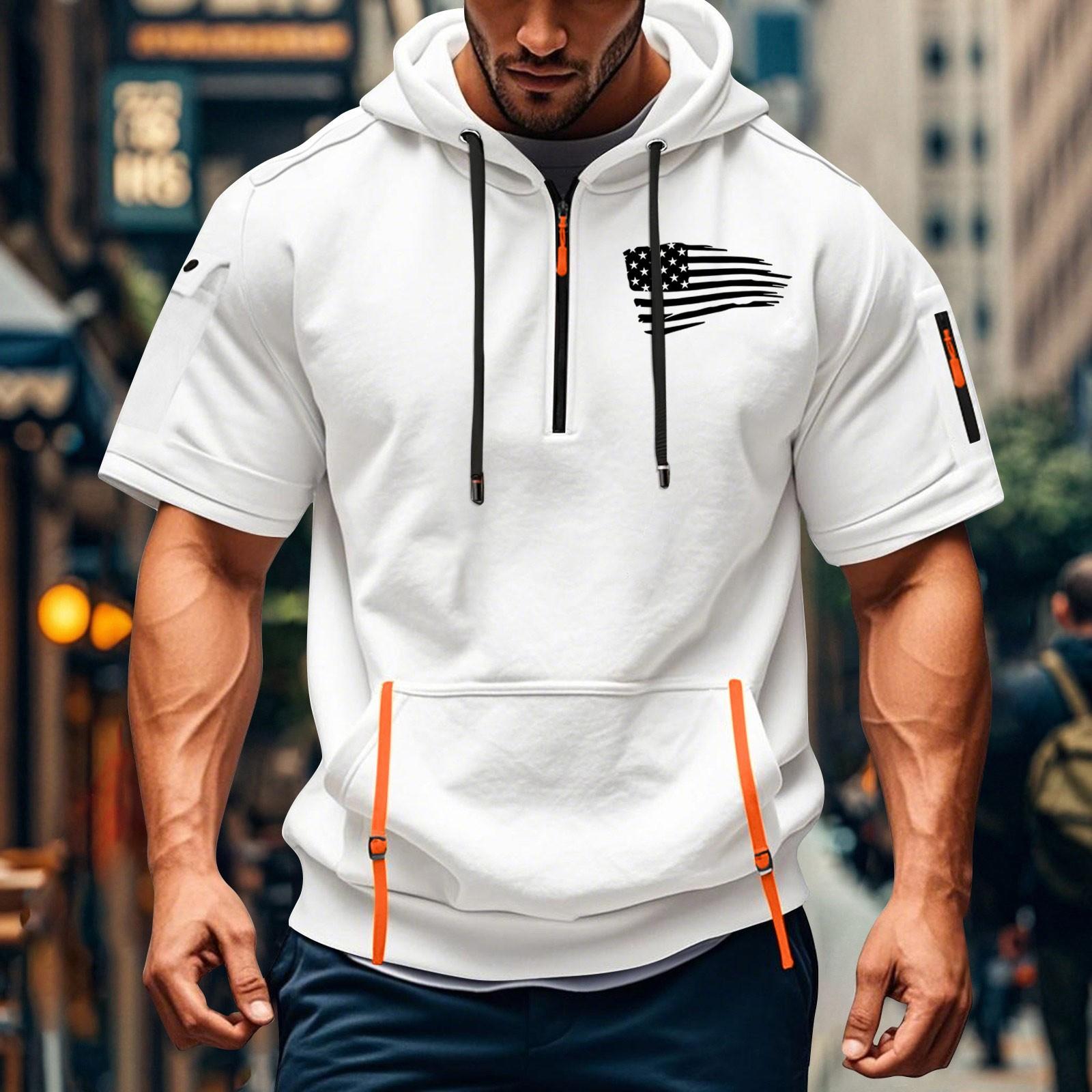 

Men s Summer Shirt Print Zipper Pocket Short Sleeve Hooded Sweatshirt Men s Sports Large Size Casual Sweatshirt XXL білий
