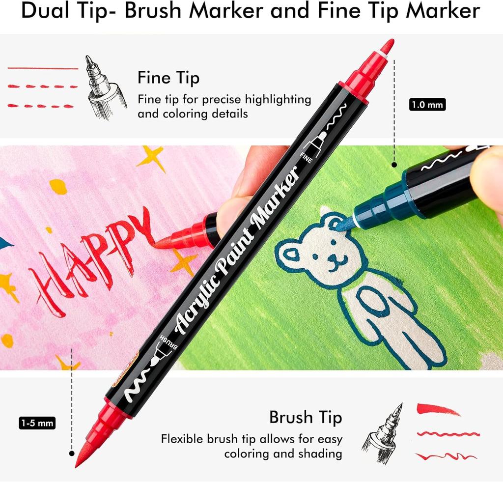 Shuttle Art Acryl Marker Penseel Fijne Punt Dubbel 48 Kleuren acrylverf geschikt voor gebruik op en Perfect voor handgemaakte DIY kunst en cadeau Pennen, & Pen, Set.