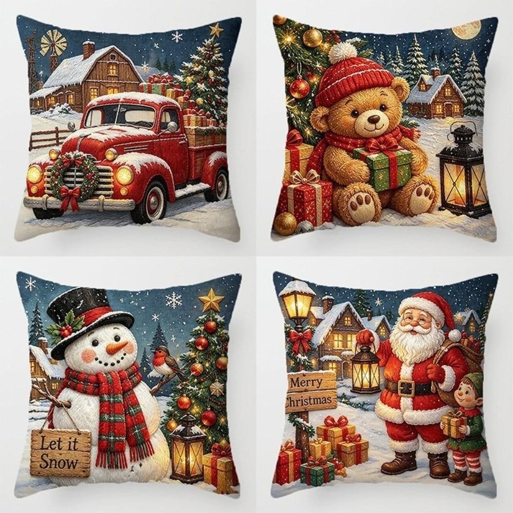 4PCS Tree Flower Christmas Pillow Covers New Year Snowman Pillow Cover Throw Cushion Case Home