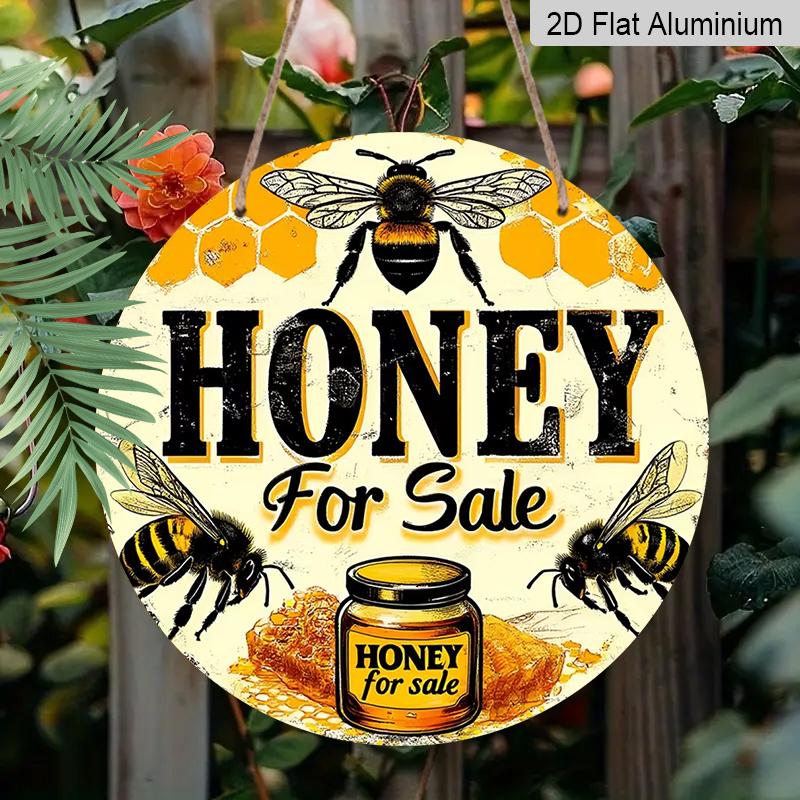 

2D Flat Aluminum Sign Honey Jar and Bee-Themed Decorative Item 7.87 Inches X 7.87 Inches Perfect for Farmhouse, Market, Garden, Front Door, Porch 1pc
