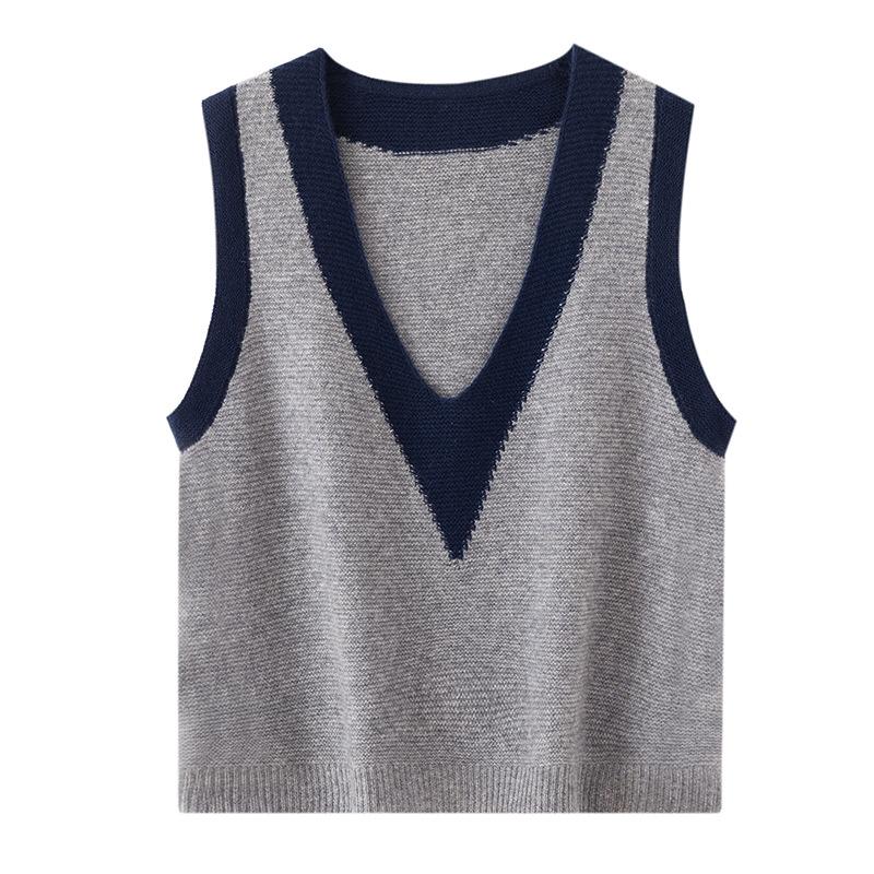 Knitted Sweater Vest Autumn And Winter New Wool Korean Version Loose Outer Wear Color Matching V-Neck Sweater Knitted Vest