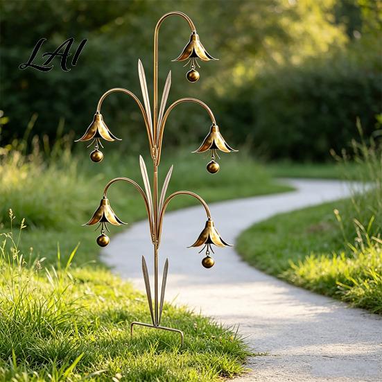 Retro Eisen Windspiel Glockenblumen Metallpfahl Garten mit Boden Wetterfest Terrassenornamente Rustikale Glocke Außenhof Rasen Veranda Kunst