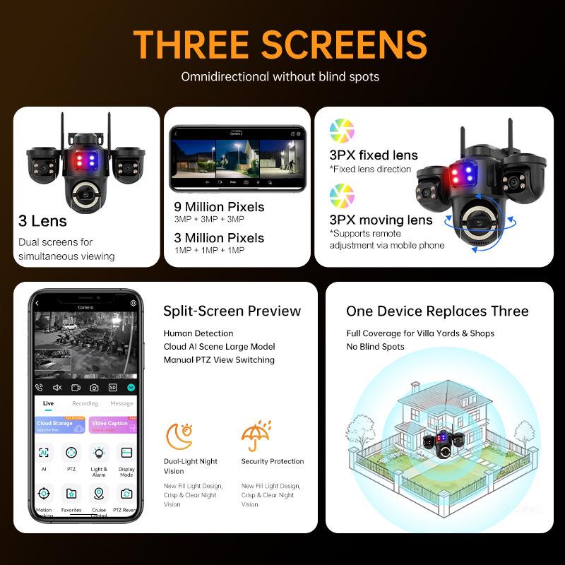 ICSEE 3-Lens WiFi Surveillance Camera with Warning Light for Indoor/Outdoor Use