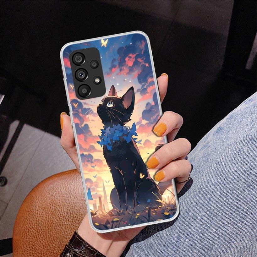 Anime Cute Black Cat Meow Phone Case For Samsung Galaxy A17 A16 A15 A14 A13 A57 A56 A55 A54 A53 A37 A36 A35 A34 A33 A26 A25 A24