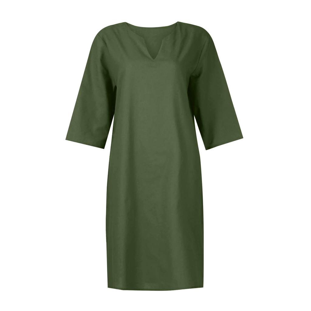 Women's Fashion -Color Dress 3/4 Sleeves V Neck Dress