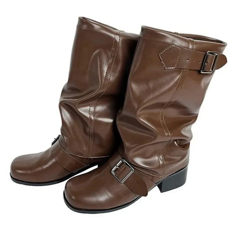 Fashion 2024 New Spring and Autumn Women's Boots Fashion Square Toe Medium Heel Solid Color Glossy Buckle Sleeve Women's High Boots