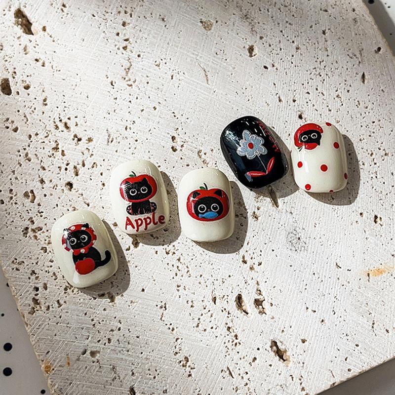 3D Graffiti Black Cartoon Cat Nail Stickers Red Apple Black Cat Animal Nail Decal Slider