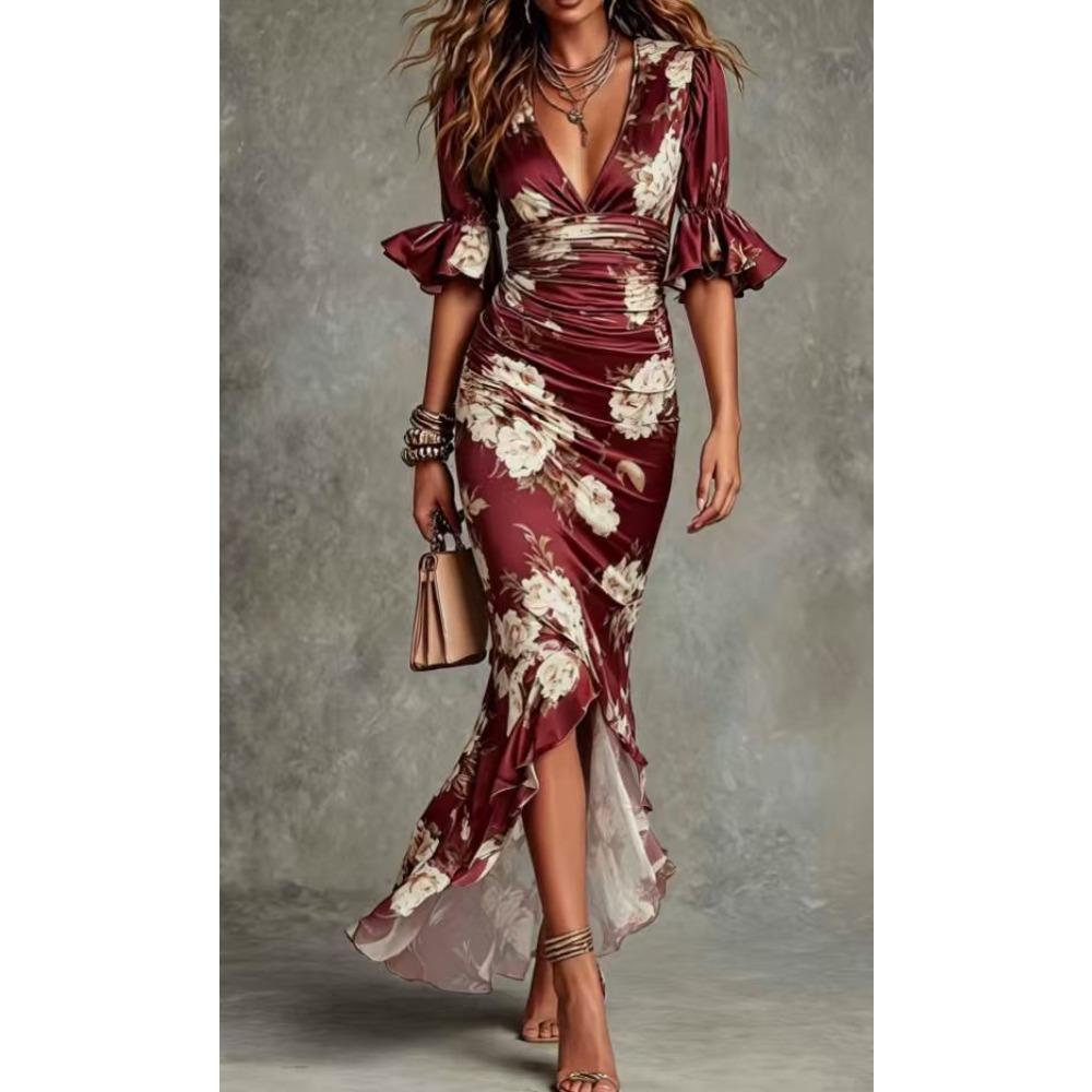 Nuovo Stile Estivo Abito Lungo Slim Scollo a V con Volant Stampati - Elegante Abito Lungo