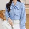 Women Shirt Lace-up Bowknot Collar Long Sleeve Casual Shirt Solid Color Loose Fit Chiffon Shirt Tops Daily Wear