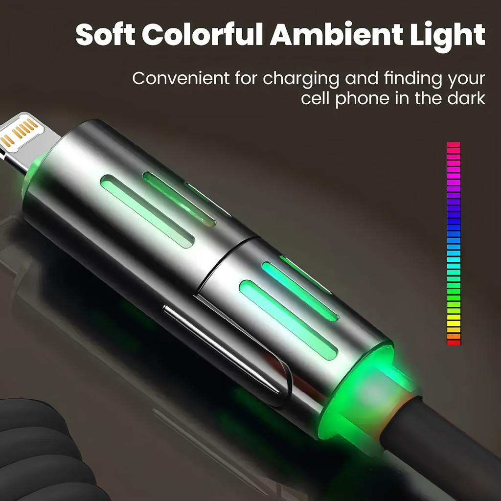 240W LED Light Spring Retractable 4-in-1 Super Fast Charging Cable for Car - iPhone, Samsung, Xiaomi