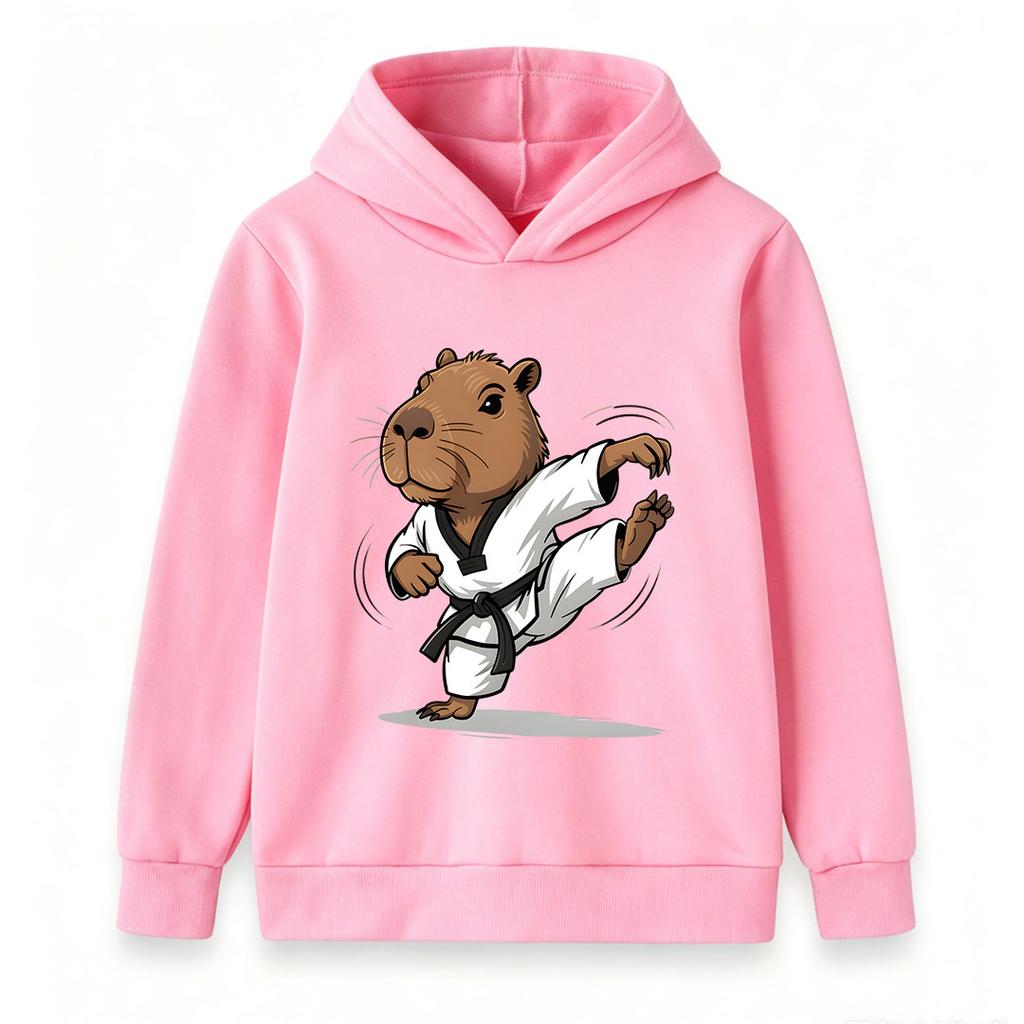 Kids Boys Girls Casual Pullover Hoodie, Funny Capybara Taekwondo Black Belt Karate Kick Cartoon Print Soft Hooded Sweatshirt for Children Daily Wear