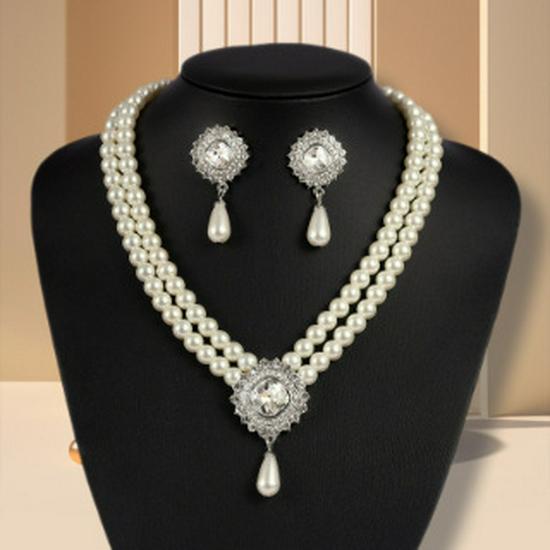 

Elegant Multi-Layer Women s Pearl Necklace and Earring Set for Weddings and Banquets срібний