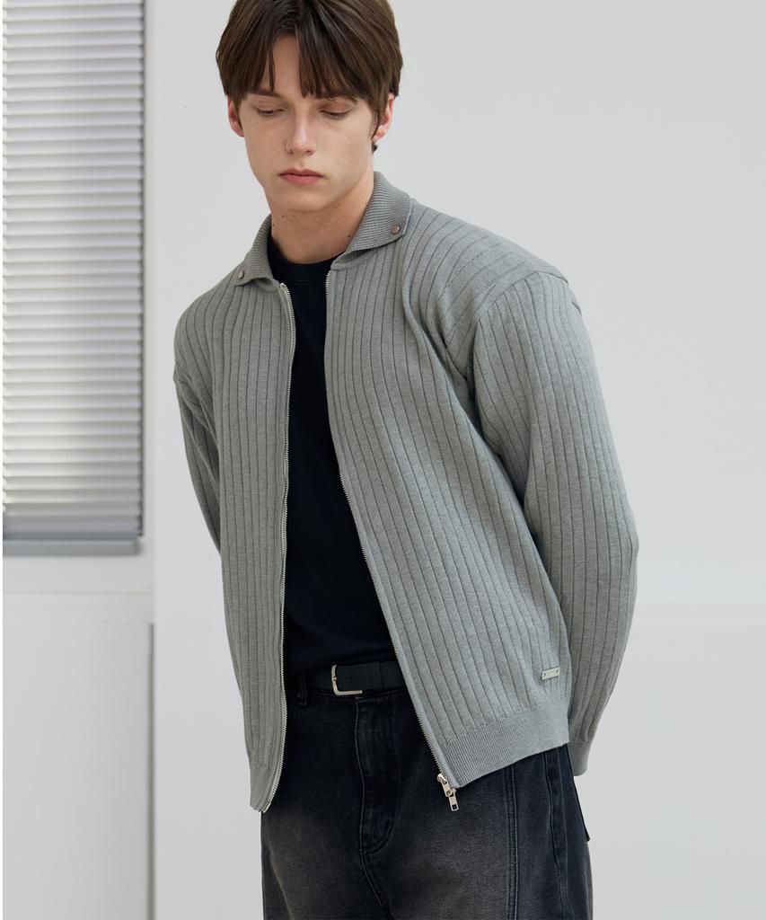 Nodu Rivet Collar Ribbed Knit Zip-Up Cardigan [Gray]
